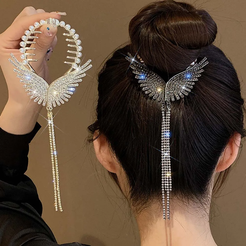 Pinzas para el pelo de diamantes de imitación con alas de Ángel, pinzas de garra con borla de perlas, horquillas en espiral de cola de caballo alta, accesorios para el cabello brillantes