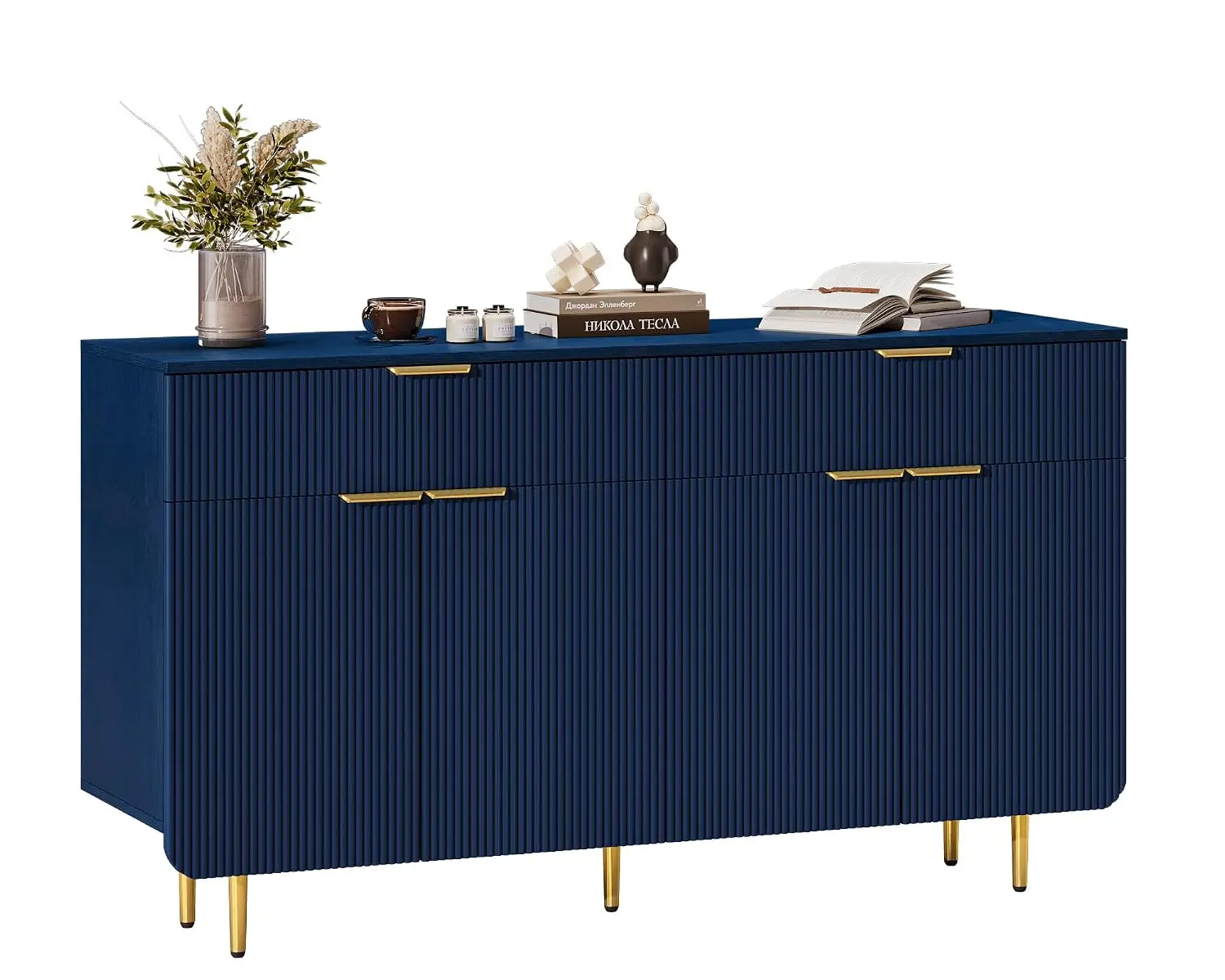 58 Inch Fluted Sideboard Buffet Cabinet with Storage, Blue | Large Console Cabinet with Drawers & Adjustable, Customized