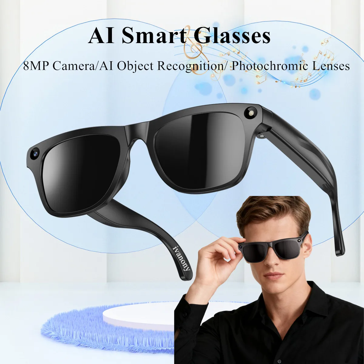 

Photochromic Lenses Smart Glasses Bluetooth with Video Camera 8MP AI Object Recognition Answer Call Smart Translation Glasses