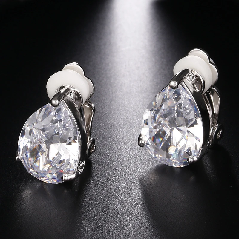 Classic Teardrop Cubic Zirconia Clip on Earrings Non Pierced for Women Crystal Elegant Blue Stone Earrings Wedding Party Gift