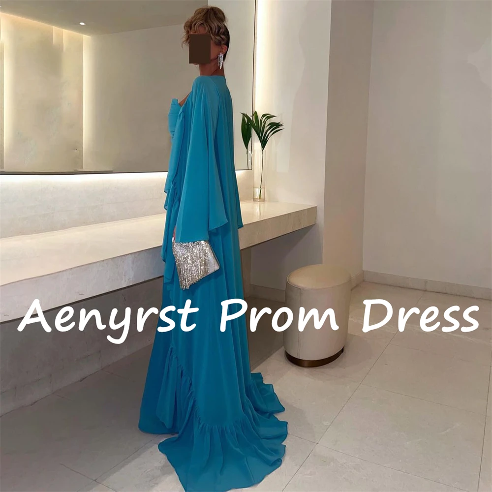 Aenyrst Blue Chiffon Long Sleeves Evening Dresses Straight Pleated Saudi Prom Gowns Floor Length Wedding Guest Dress For Women