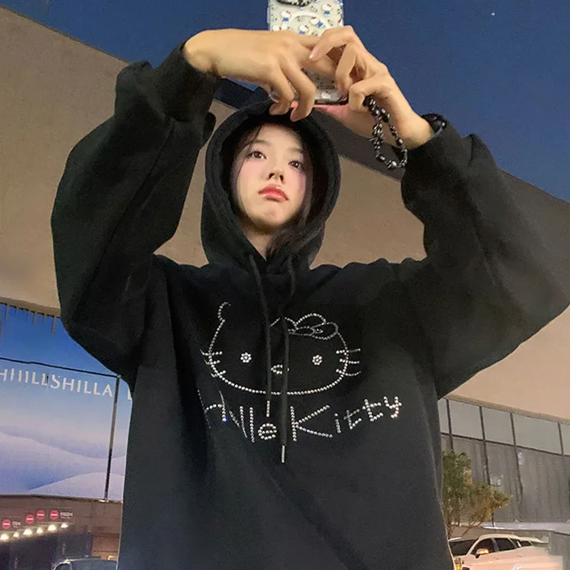 Sanrioed Hello Kittys Rhinestone Hooded Sweatshirt Women Autumn Winter Y2K Harajuku Couple Lazy Tops Loose Pullover Trend Hoodie