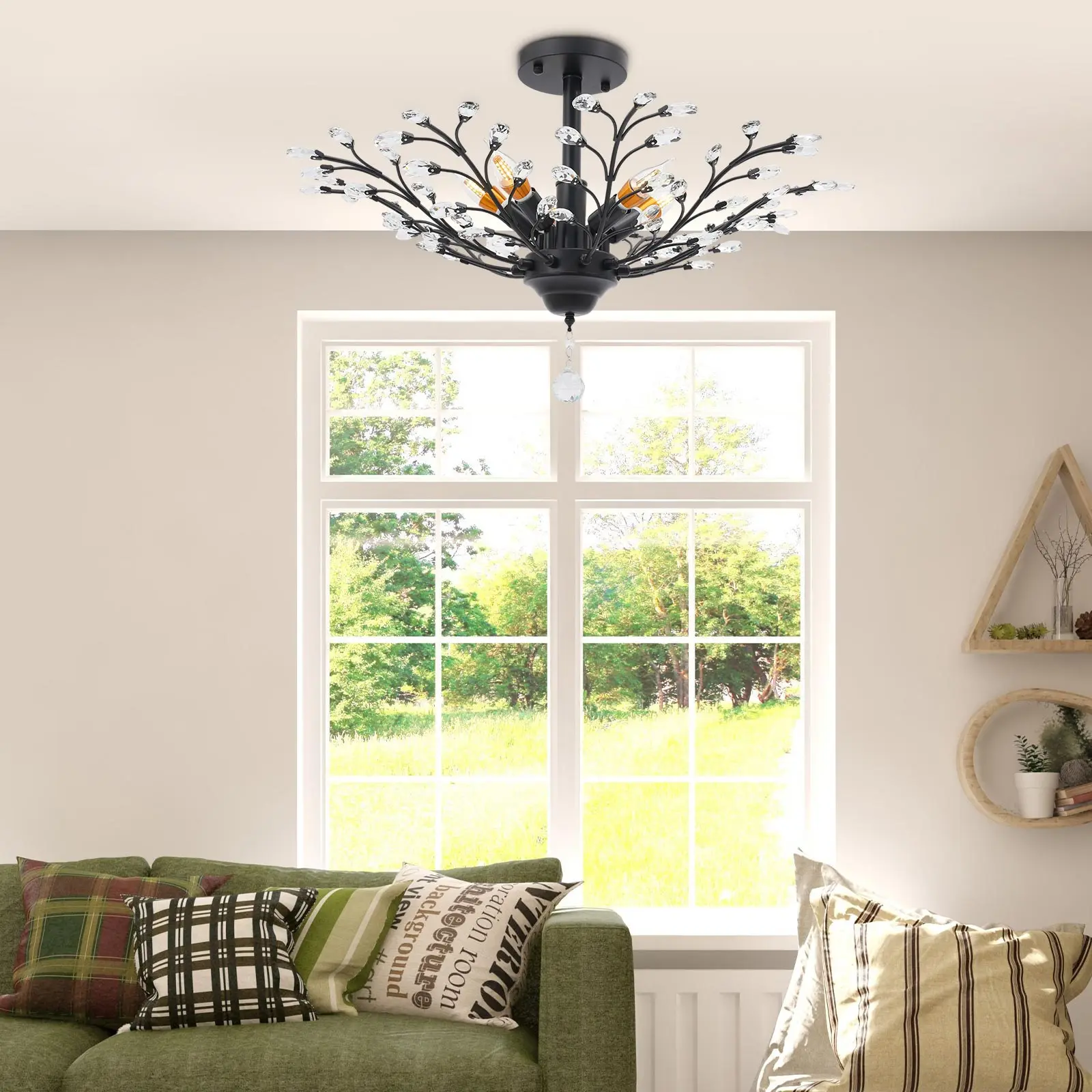 ضوء قلادة كريستال أسود، مصباح معلق فروع 5 * E12 مثبت على السقف 79 * 30 سم للصوفات وغرف المعيشة