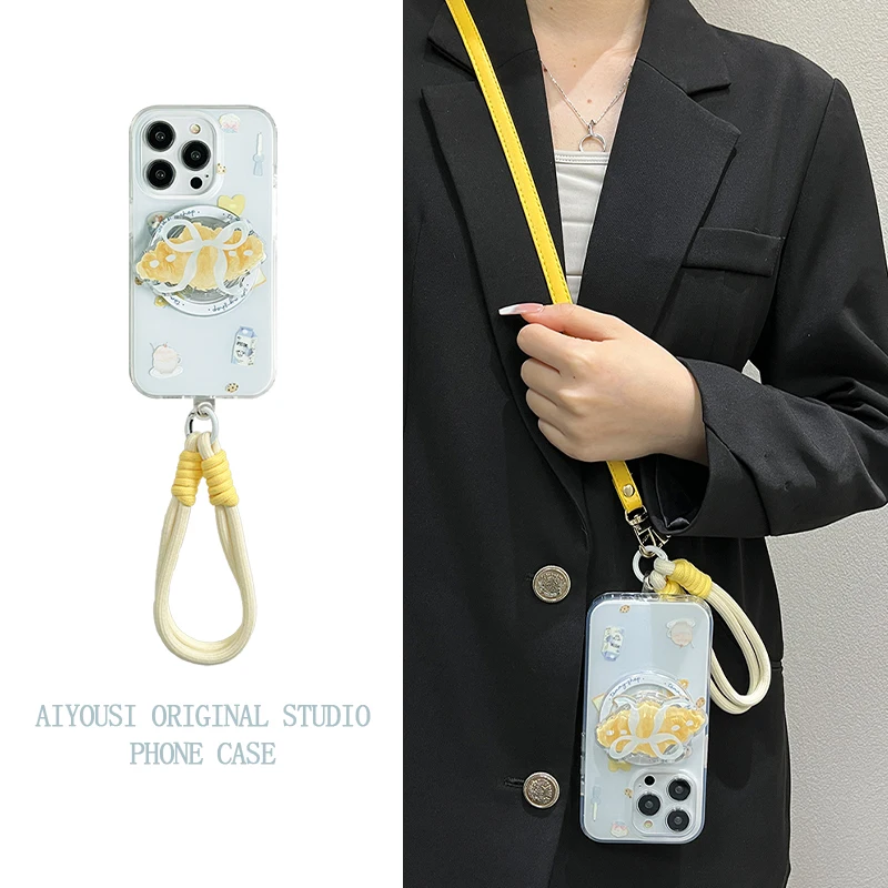

Cute bow cowl bag magnetic case for apple 15promax cell phone case iphone16pro female 13promax fallproof 12pro creative