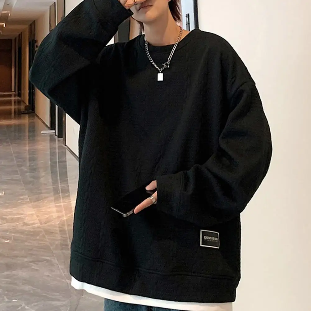 Men Fall Winter Sweatshirt Round Neck Loose Thick Men Sweatshirt Twisted Pattern Pullover Mid Length Hip Hop Streetwear Men Top