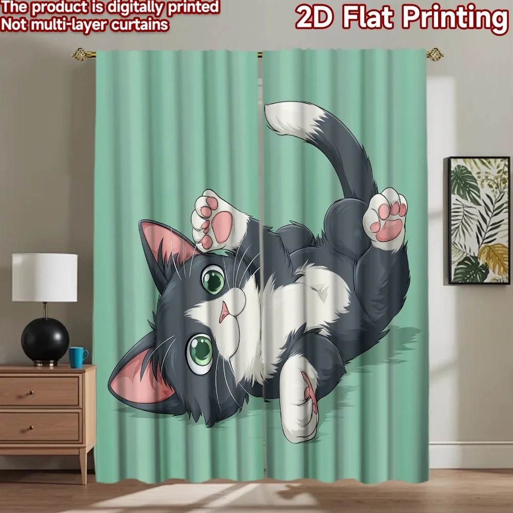 

2D flat printing 2pcs Curtains Cute Cartoon Cat Playful Digital Printed Polyester Drapes Party Decorations for Event Decoration