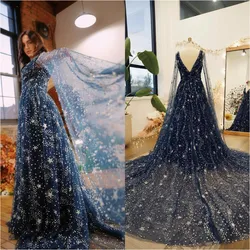 custom Gorgeous Navy Blue A-line Evening Paert Dress with Cape Sleeves V-neck Floor Length Wedding Gown Boho Gown   Soiree