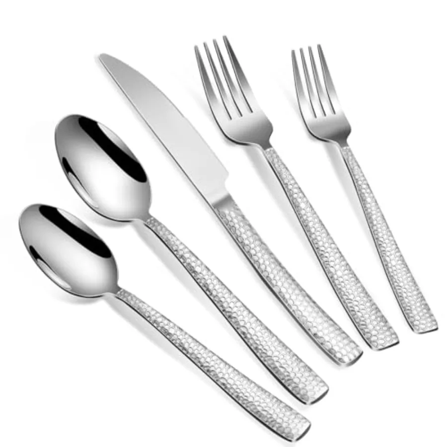 

40-Piece Silverware Set Silver Hammered Stainless Steel Flatware Sets for 8 Food-Grade Tableware Set Including Fork Knife Spoon