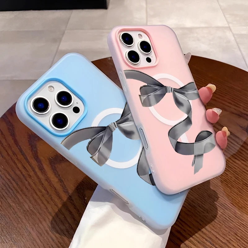 

Магнитный простой минималистичный серый шелковый чехол для телефона с бабочкой и бантом для IPhone 16 15 14 13 12 11PROMAX Силиконовый чехол для телефона