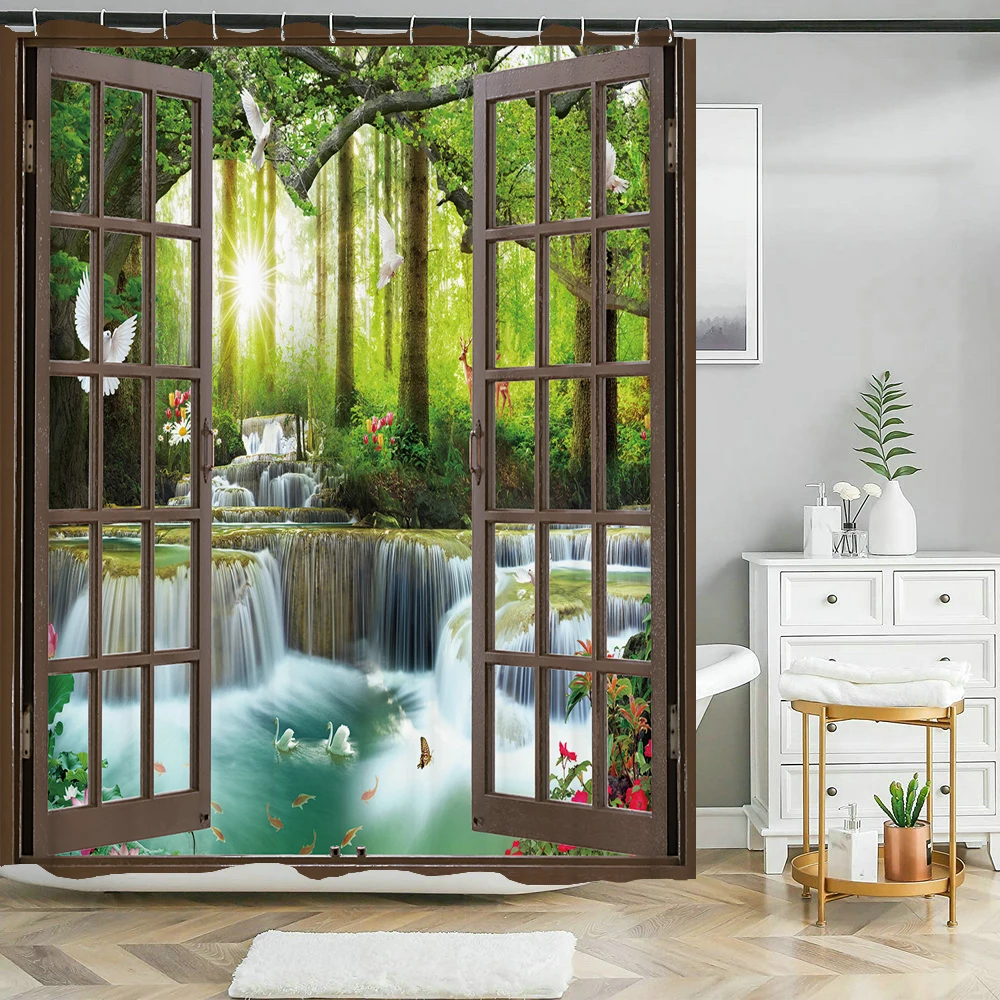 All kinds of 3D Forest landscape windows shower curtain home decoration curtains with hook  polyester waterproof curtain 240*180