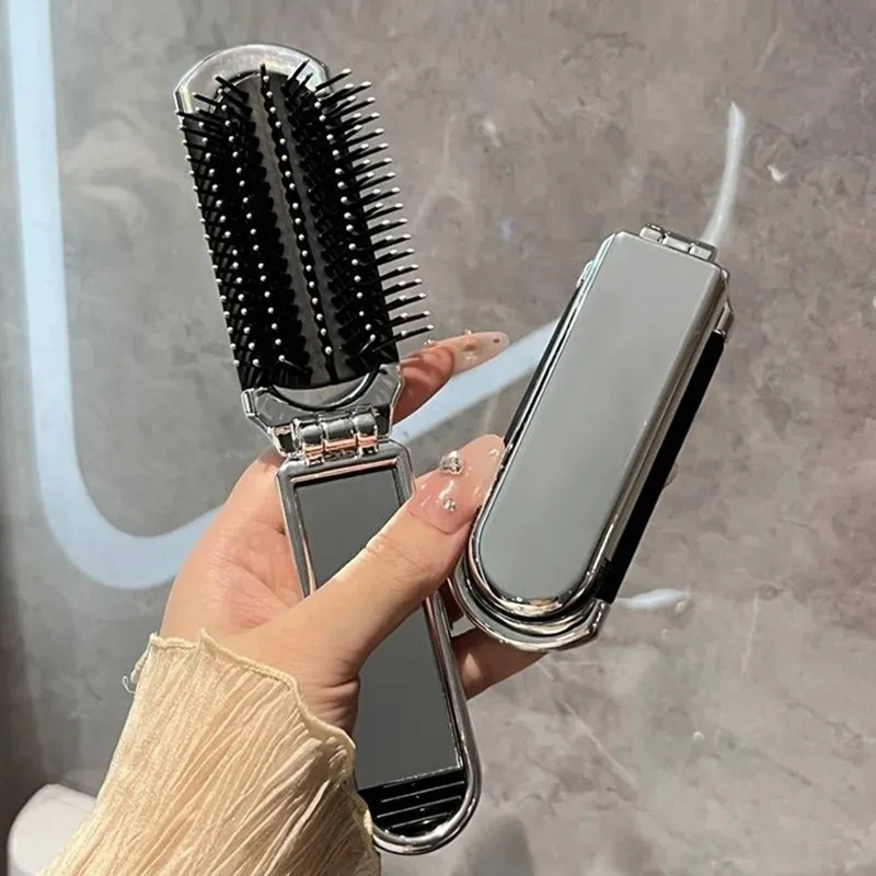 BAAG-2-In-1 Portable Folding Comb & Mirror - Diamond Air Cushion, Rhinestone Bling, Compact Travel Hair Brush & Makeup Tool