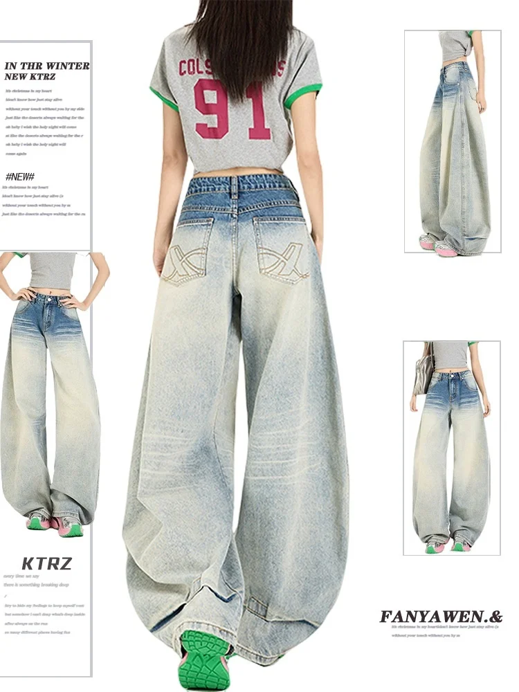 

Retro American Large Size Jeans Women's Spring New Loose Straight Leg Wide Leg Pants High Waist Casual Wear Resistant