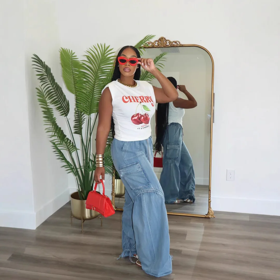 Spodnie dżinsowe damskie dżinsy szerokie nogawki długie spodnie proste spodnie Y2k Streetwear w pasie splot ściągany sznurkiem Casual Punk 2025