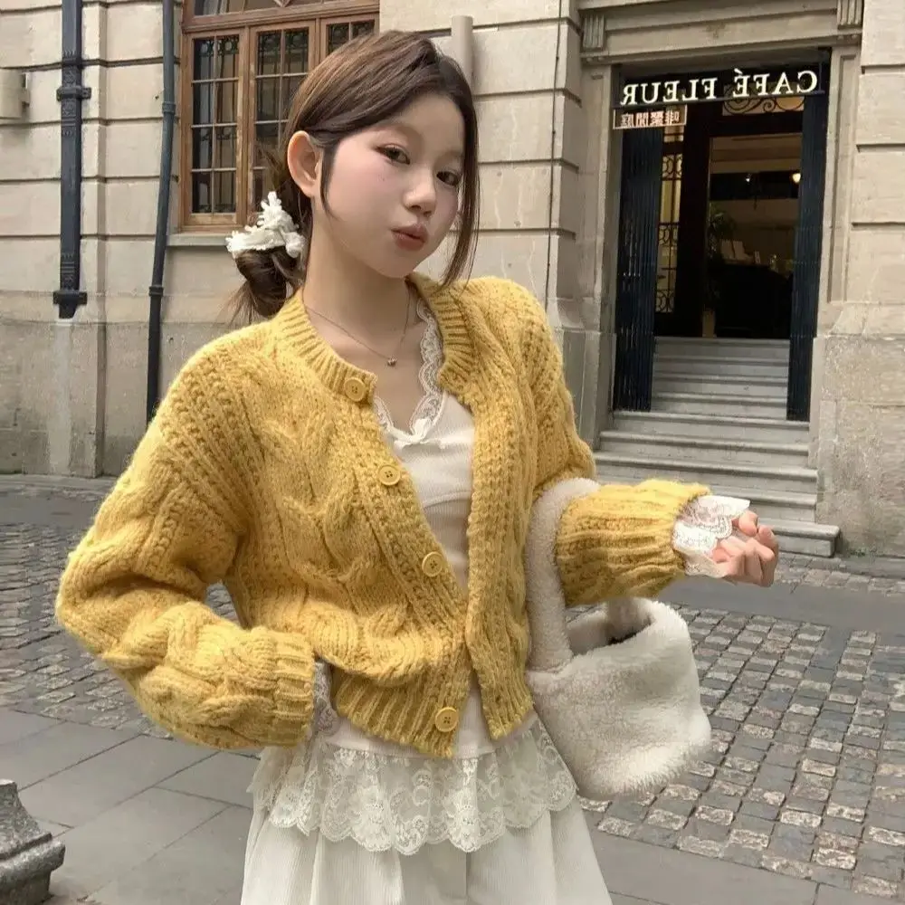 

Knitted Cardigan High Quality Elegant Round Neck Wave 2024 Autumn Winter Fashion Solid Color Long Sleeve Sweater