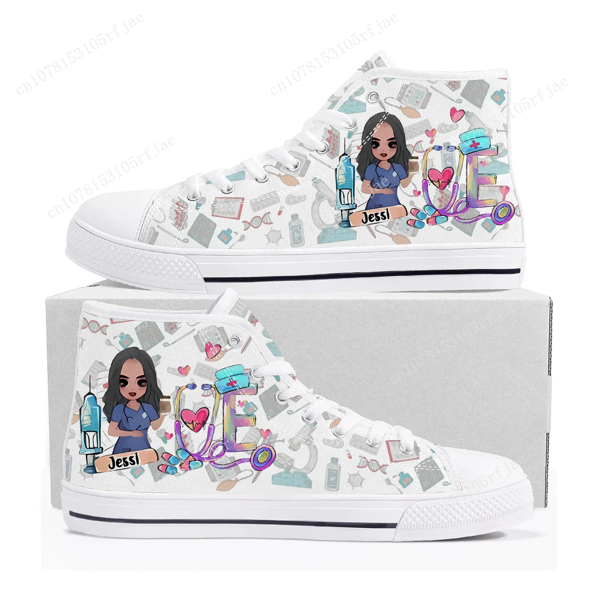 Cute Cartoon Nurse High Top Sneakers Hot Nurse Mens Womens Teenager Canvas Shoes Soft Sole Shock Absorbing Casual Couple Shoes