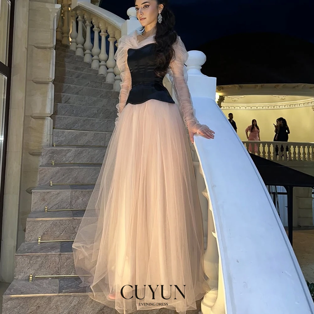 

CUYUN Saudi Abrabic Women Evening Gown Customized Long Sleeves Contrast Color Prom Dress A Line Elegant Party Dresses