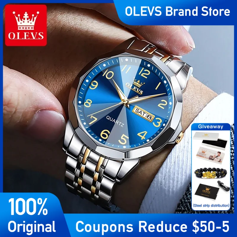 

OLEVS 9970 Men's Watches Classic Rhombus Mirror stainless steel Quartz Wristwatch Waterproof Luminous Dual calendar Brand watch