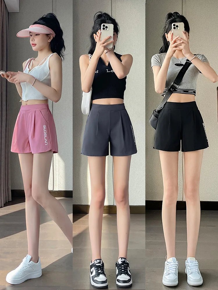 Qui seco esporte orts feminino verão fino cintura alta solta gelo seda correndo calças de perna larga casual comute sle cintura alta