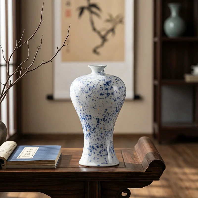Blue and white splashed ink spots art ceramic vase Jingdezhen porcelain vase living room entrance flower arrangement decoration