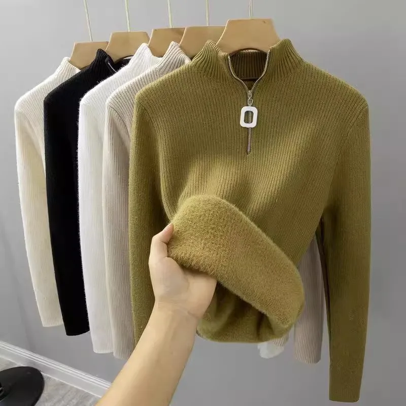 Fleece, Thickened Base, Integrated Fleece Sweater Inside, Foreign-style Zipper Knitted Sweater, Semi-turtleneck Top.