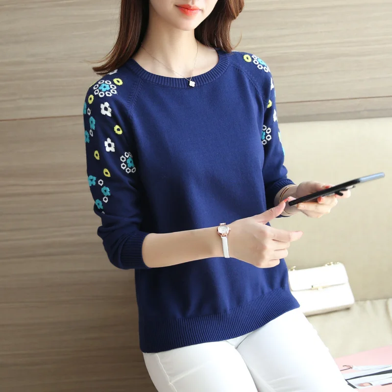 Women\'s Spring Autumn Korean New O-Neck Pullover Knitted T-shirt Fashion Embroidered Spliced Leisure Versatile Long Sleeved Tops