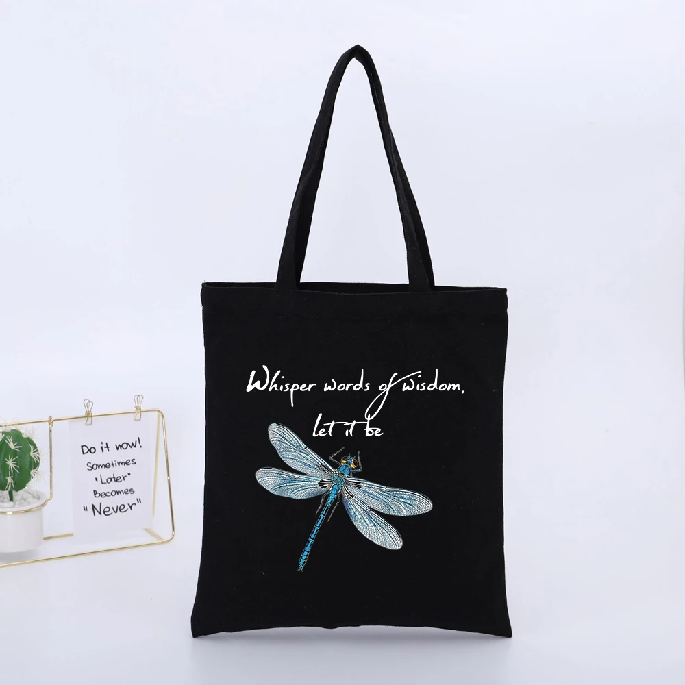 Dragonfly Graphic Canvas Tote Bag with Typography Print, Ideal for Casual Daily Use and Shopping