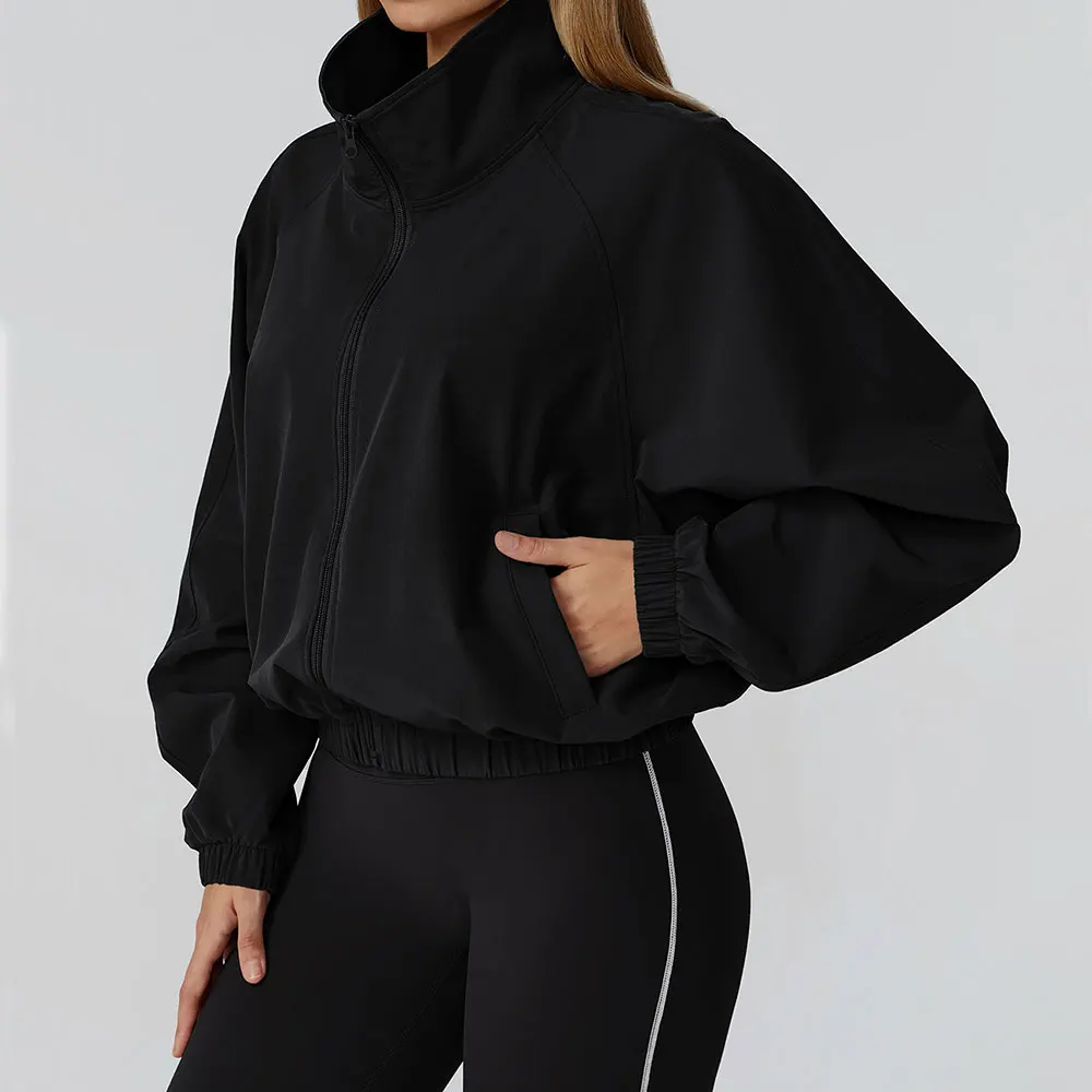 Nuova giacca sportiva con colletto rialzato ad asciugatura rapida Giacca da yoga a maniche lunghe fitness da corsa all'aperto antivento con cerniera da donna