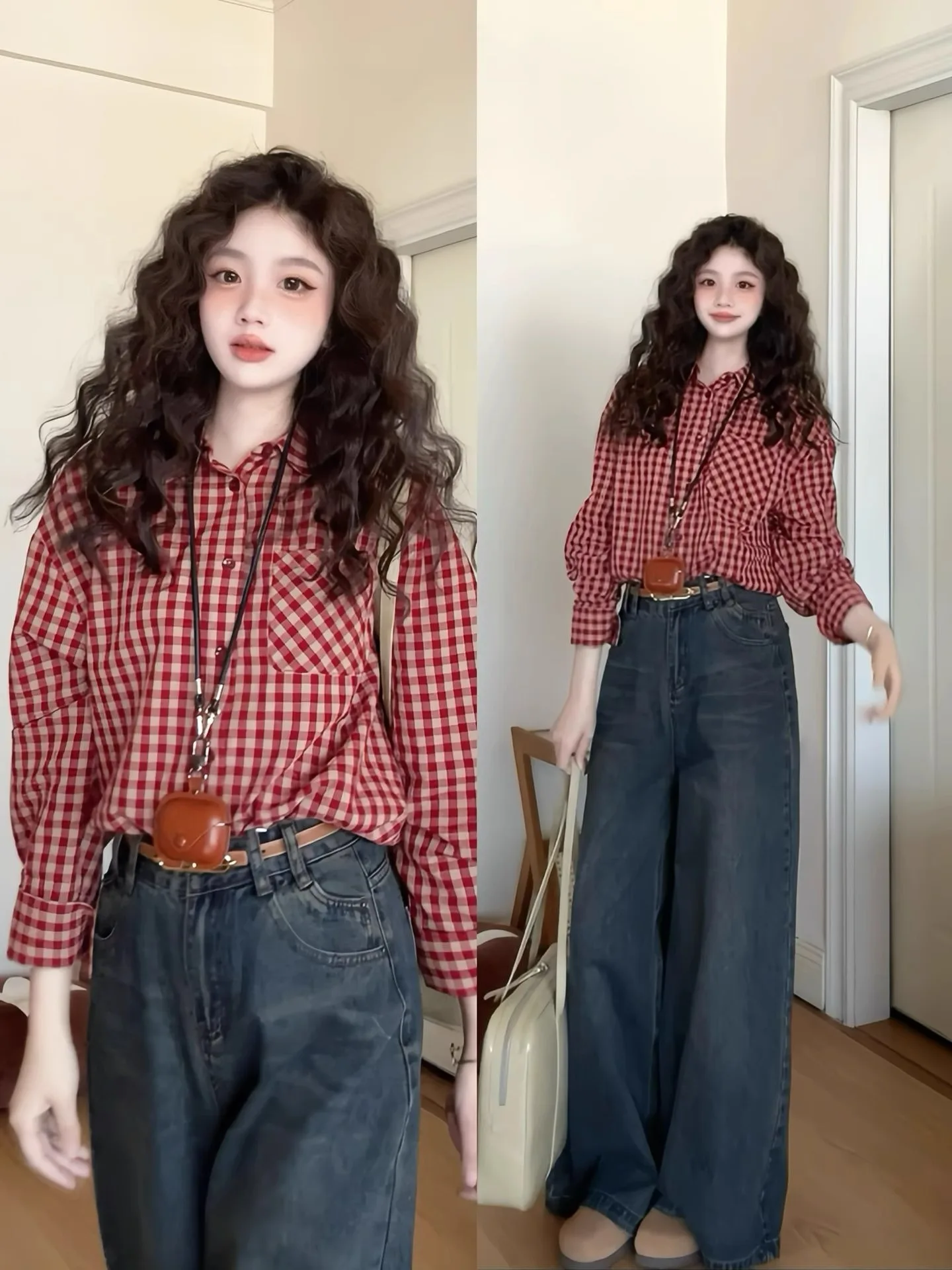 

Retro Korean Red Plaid Shirt Jacket Women's Casual Loose Sun Protection Top Spring Summer Airy Atmosphere Feeling Neck