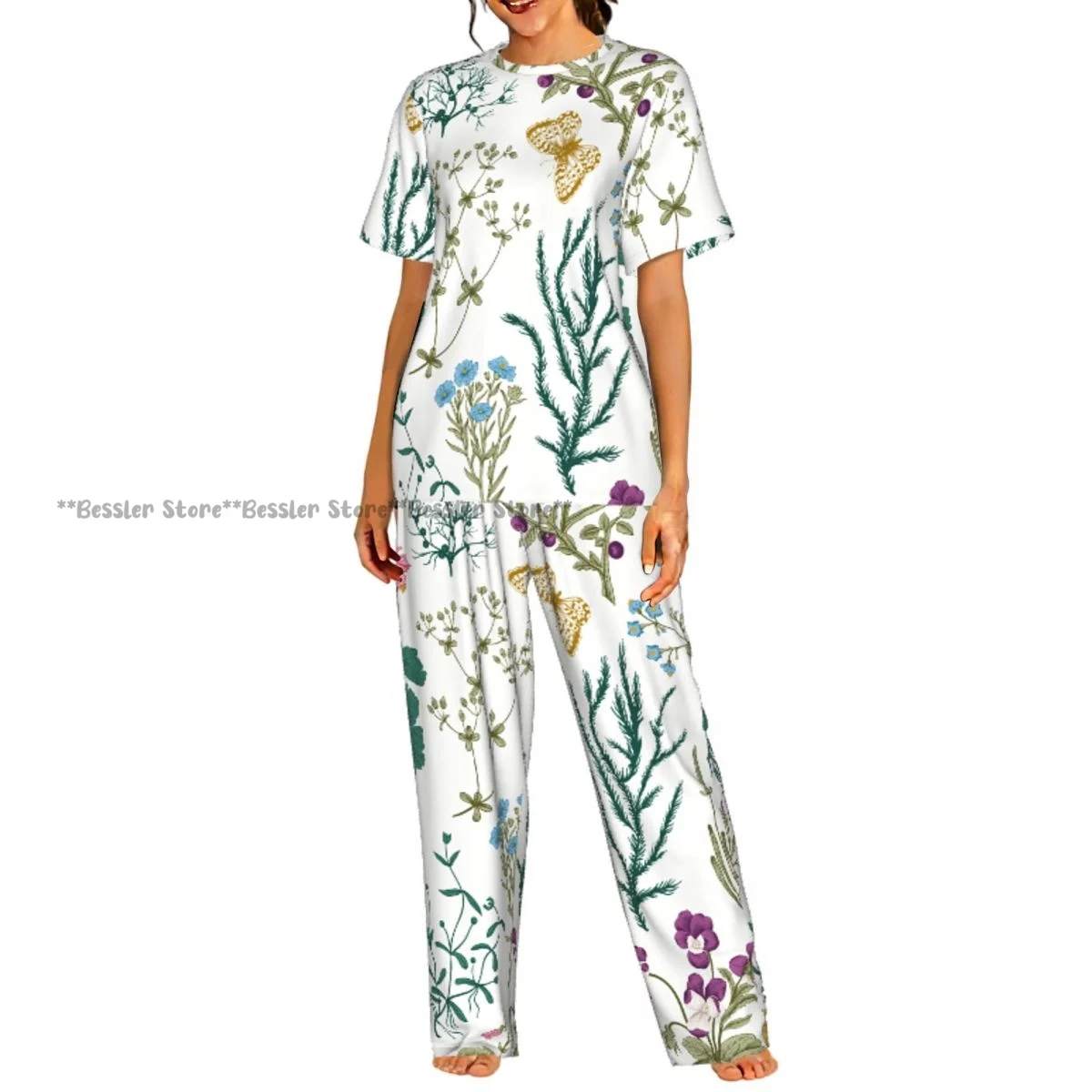 

Women's Pajamas Set Vintage Floral Herbs And Wild Flowers Botanical Short Sleeve Sleepwear 2 Piece Homewear Loungewear
