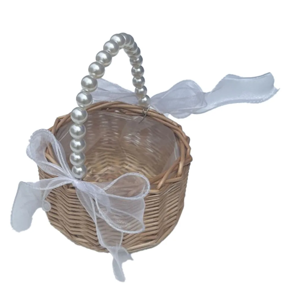 Rustic Rattan Wicker Tote Basket With Pearl Handles And Bow For Wedding Flower Girl Picnic Party Decoration Storage Accessories