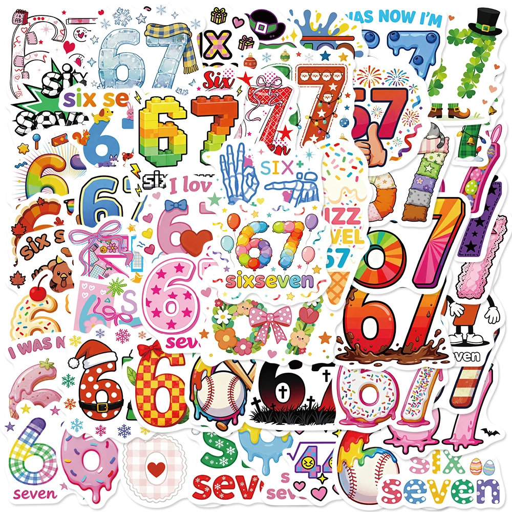 50PCS Six Seven Waterproof Vinyl Stickers for Water Bottle Laptop Skateboard Car Adults Teens Party Favors Classroom Rewards