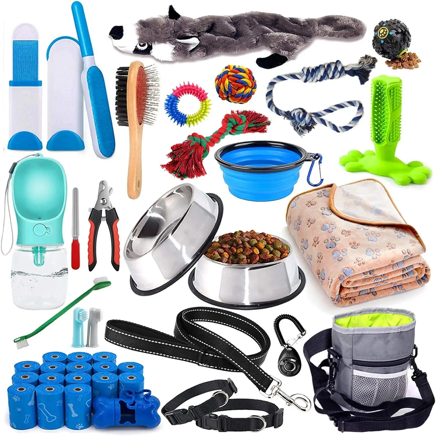 

39-Piece Set of Puppy Essentials and Dog Stuff. Includes Dog Leash, Toys, Bowl, Brushes, Water Bottles,and More