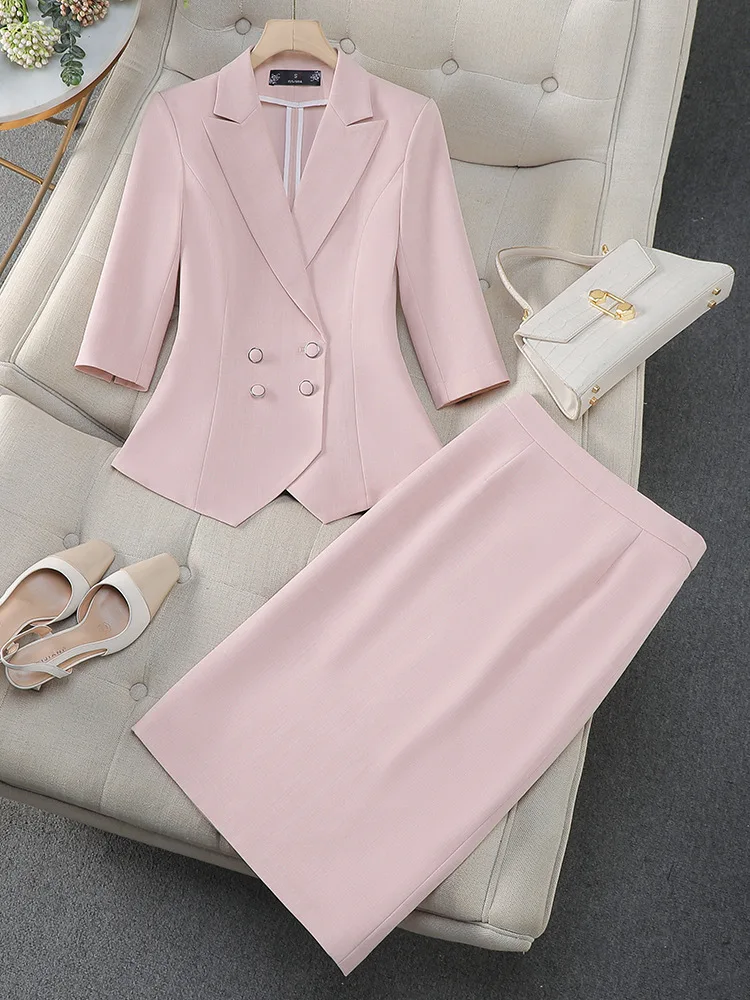 

Pink three-quarter sleeve blazer with a small suit collar, women's skirt, new two-piece set for spring and autumn, professional,