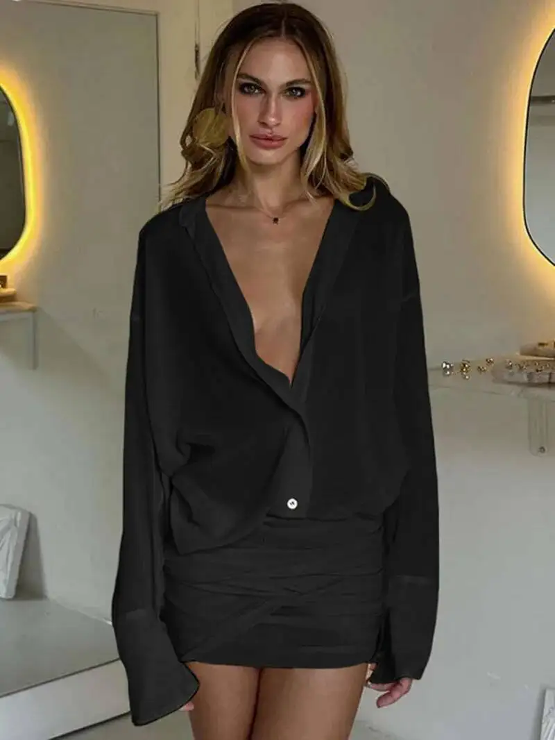 Fashion See Through Shirt Mini Dress Flare Sleeve Sexy Club Party Bandage Ruched Lapel Dresses Outfits Clothes Shirt Dress R1X4