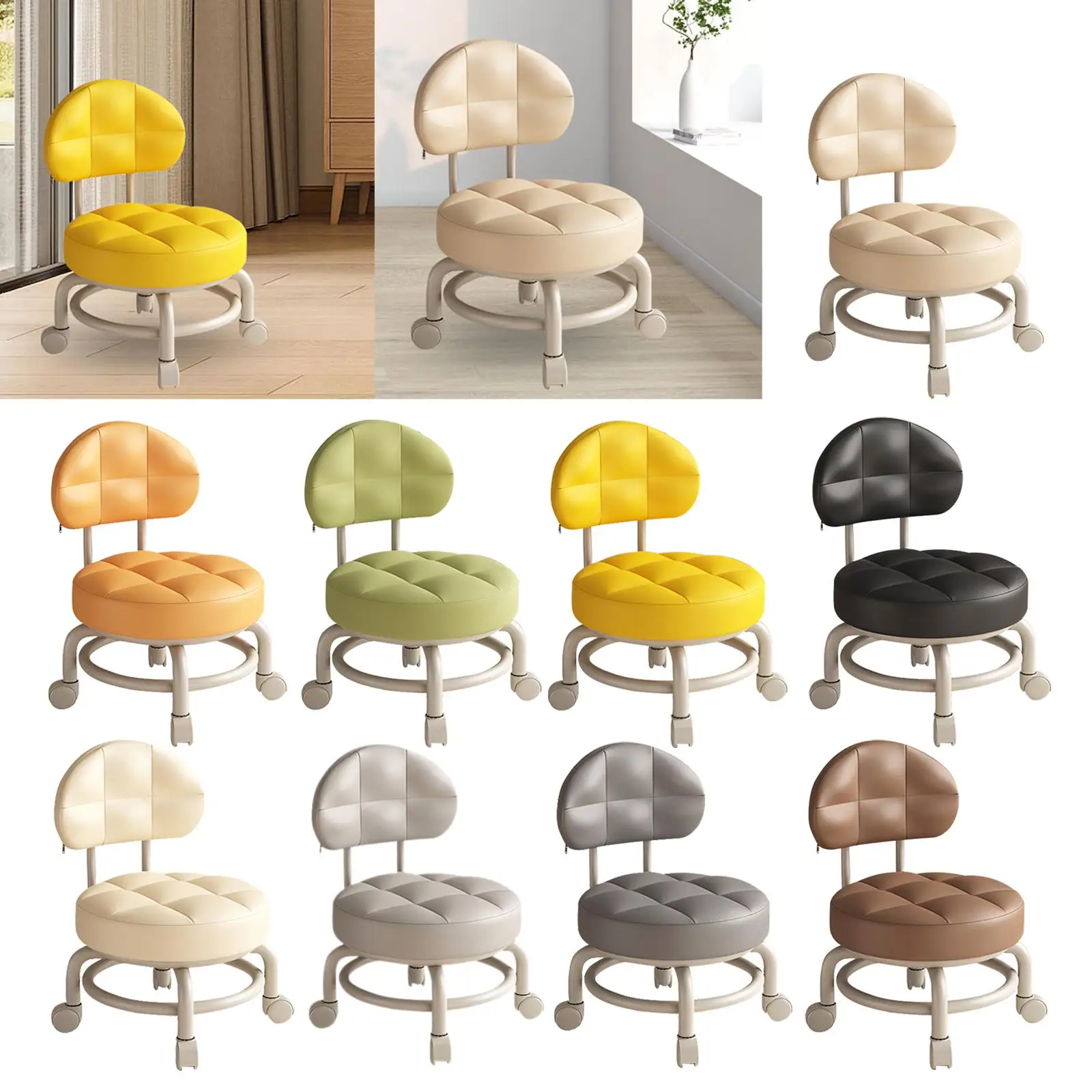 Low Rolling Seat Pedicure Stool 360° Rotating Sofa Foot Rest PU Leather Shoe Changing with Backrest for Salon Library Kitchen