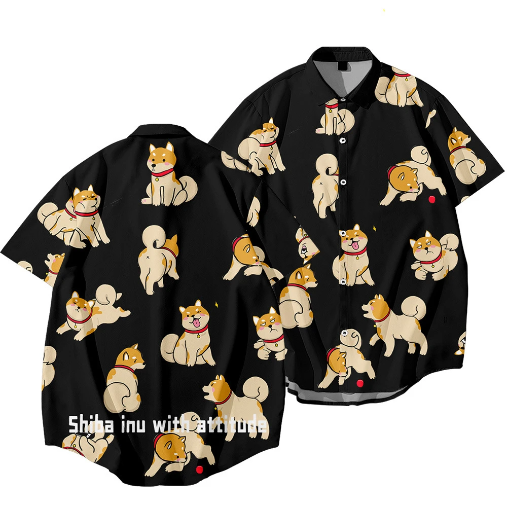 Oversized Beach Hawaiian Shirt 2023 Zomer Shiba Inu Hond Print Losse Korte Mouwen Shirt Mannen Roze Top