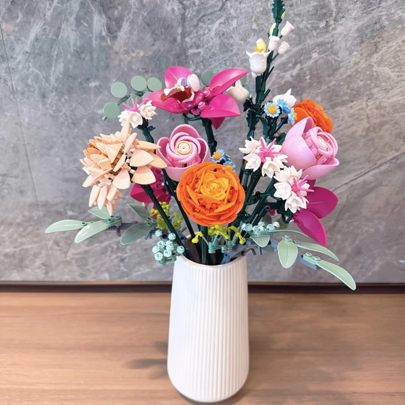 Girls zinfandel rose bouquet building blocks home plastic flower ornaments compatible with Lego particle assembly toys Christmas