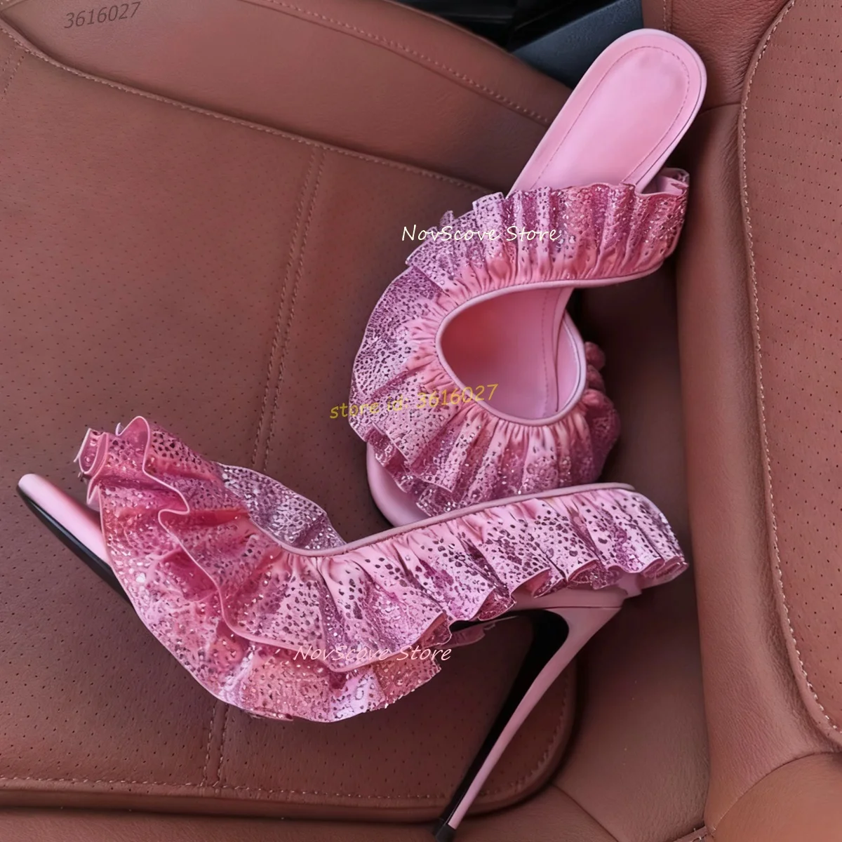 

Open Toe Ruffles High Heels Sandals Ruffle with Rhinestone Decor Slip On Shallow Pumps Sexy Women Dress Party Single Shoes