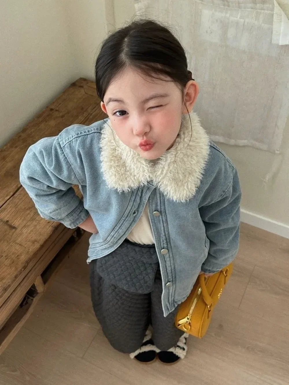 2 4 6 8 10 12Y فتاة في سن المراهقة أفخم الفراء طوق سترة الدافئة الدنيم عادية الخريف الشتاء معطف الأطفال 2026 نمط جديد #1