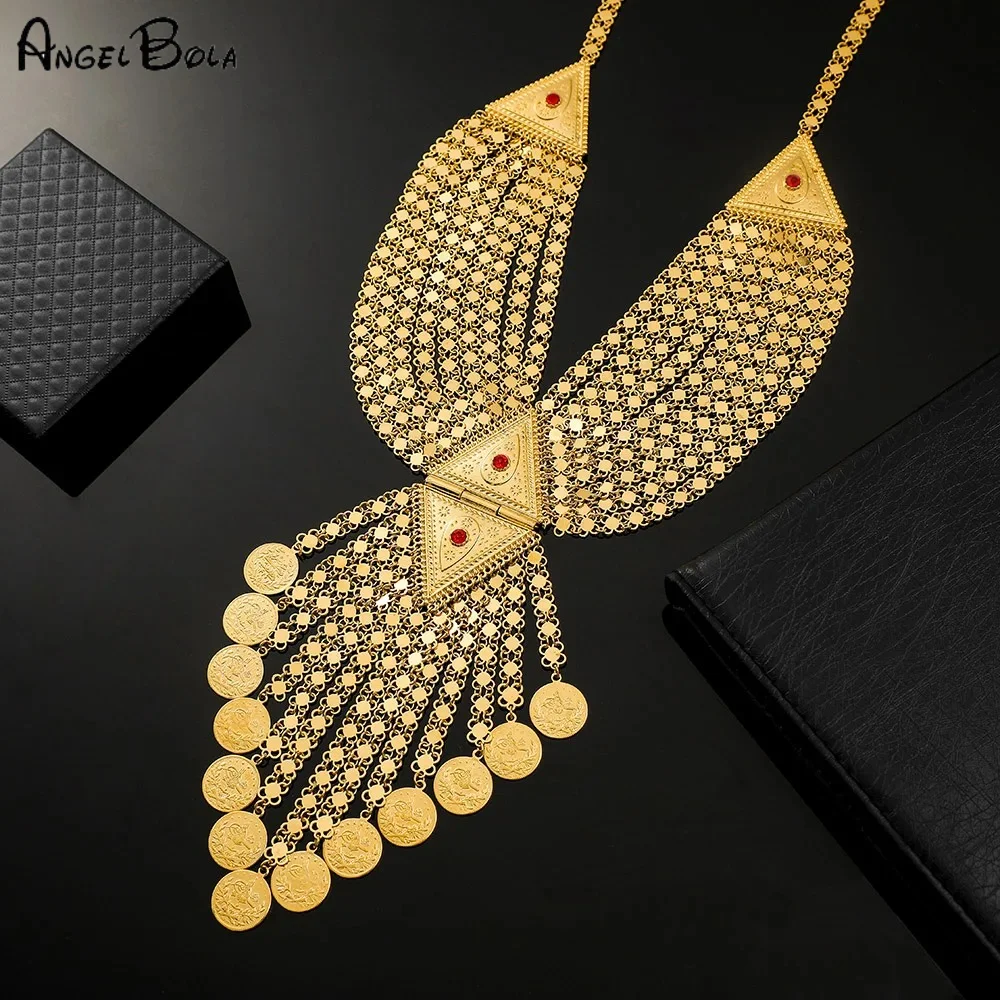 

Fashion Shiny Tennis Chain Red Crystal Embellishment Coin Pendant Gold Necklace Wedding Banquet Middle East Jewelry Wholesale