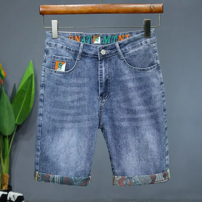 

2025 Летние тонкие качественные джинсовые шорты, мужские эластичные свободные прямые брюки 5 дюймов, модные брендовые 5-дюймовые брюки средней длины с принтом