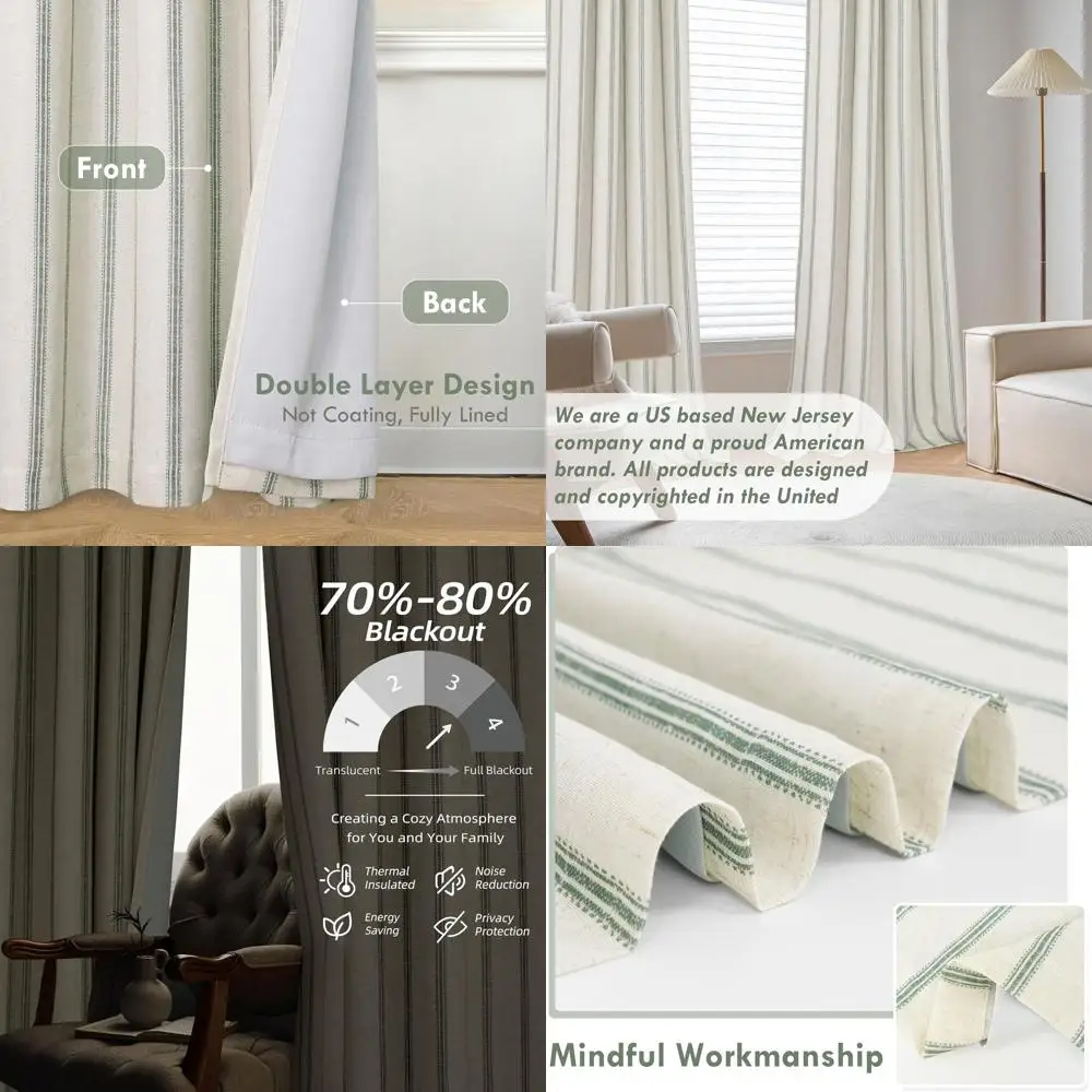 

96 Vertical Stripe Linen Blend Blackout Curtains, Thermal Insulated, Loden Green, 2 Panels, W52xL96 for Bedroom & Living Room