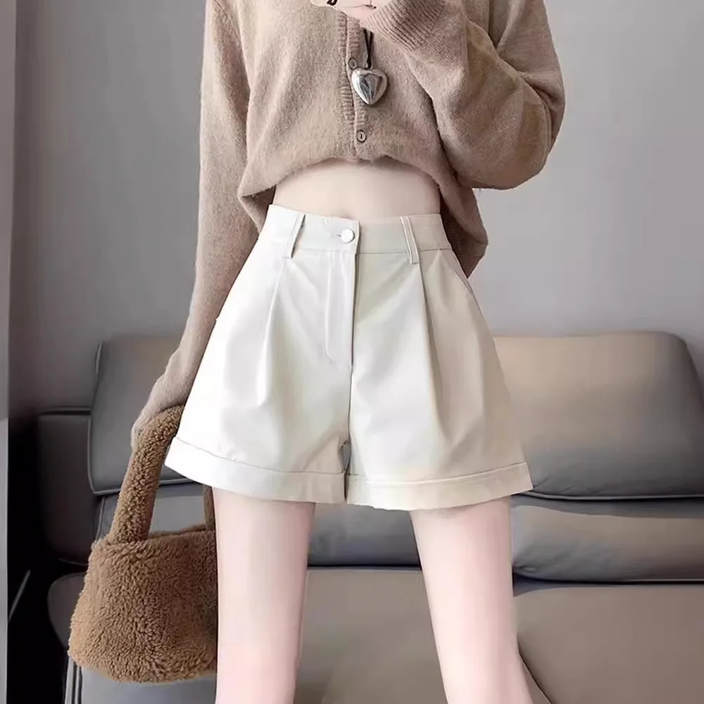 Cross-Border American Style PU Leather Shorts Women, Solid Color, High Waist, Loose Wide-Leg A-Line Casual Leggings For Autumn