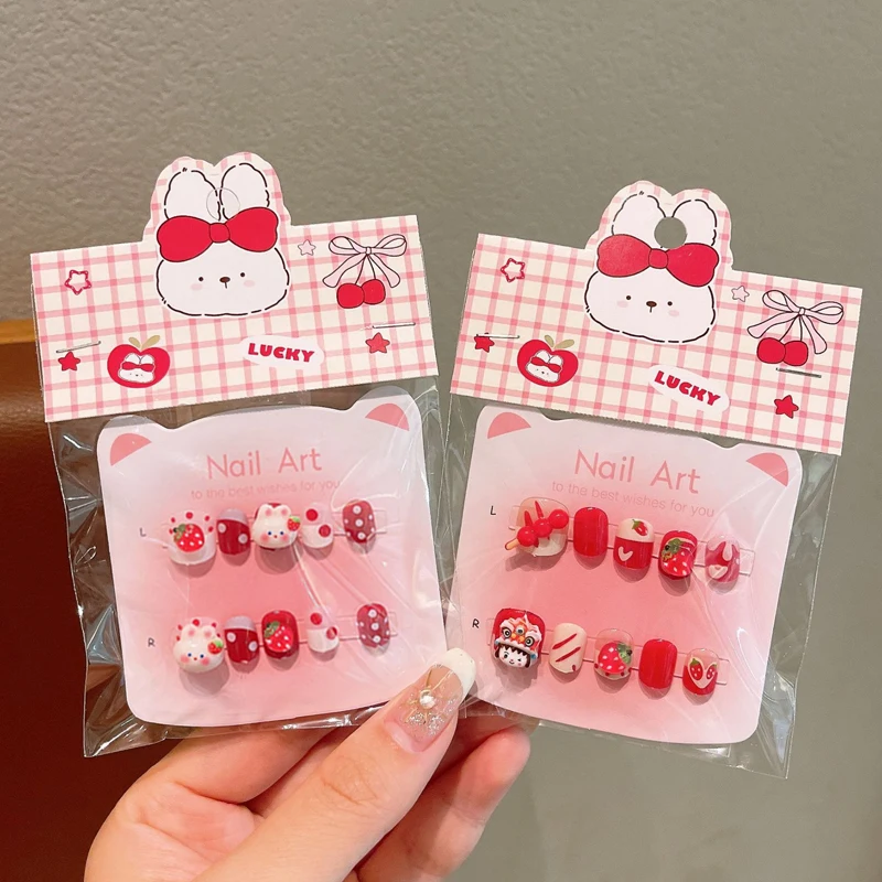 10Pcs Children's Cute Cartoon Rubbit and Strawberry Press on Nails Baby Fake Nails Girls Nail Tips with Toolkit image 5