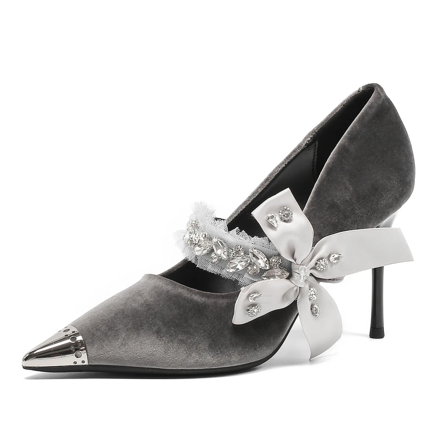 

Women's high heels, new style, stiletto heels, metal toe, suede, pointed toe, rhinestone bow shoes