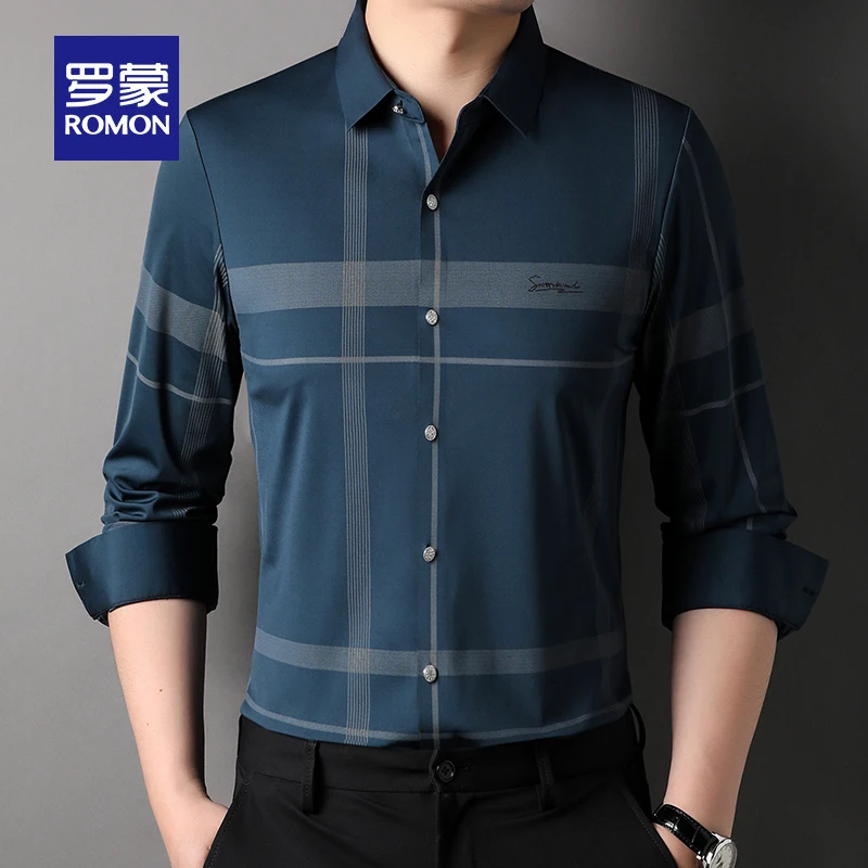 

Lormen Long Sve irt Men's Casual Busin Anti-Wrinkle Elastic Non-Ironed Spring Autumn Plaid Top Loose Fit Faion Urba...