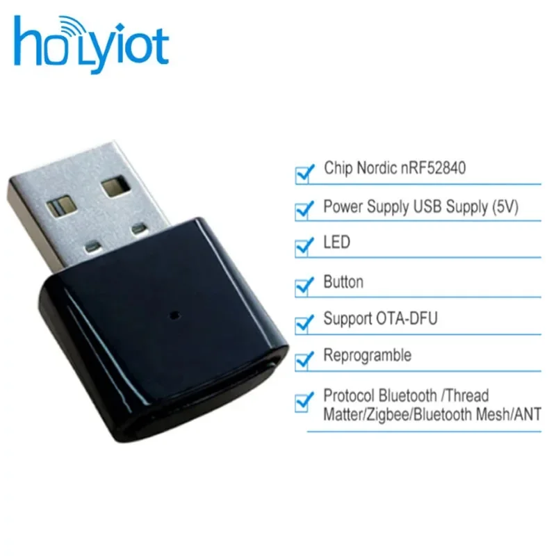 Holyiot nRF52840 USB Dongle Bluetooth 5.0 Low Energy Programmable Dongle Adapter USB Button Hardware Reset Support DFU