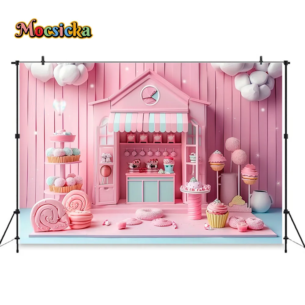 Mocsicka Candy Dessert Party Background Pink Candy Shop Donuts Girl Birthday Portrait Backdrop Kids Cake Smash Photozone Studio