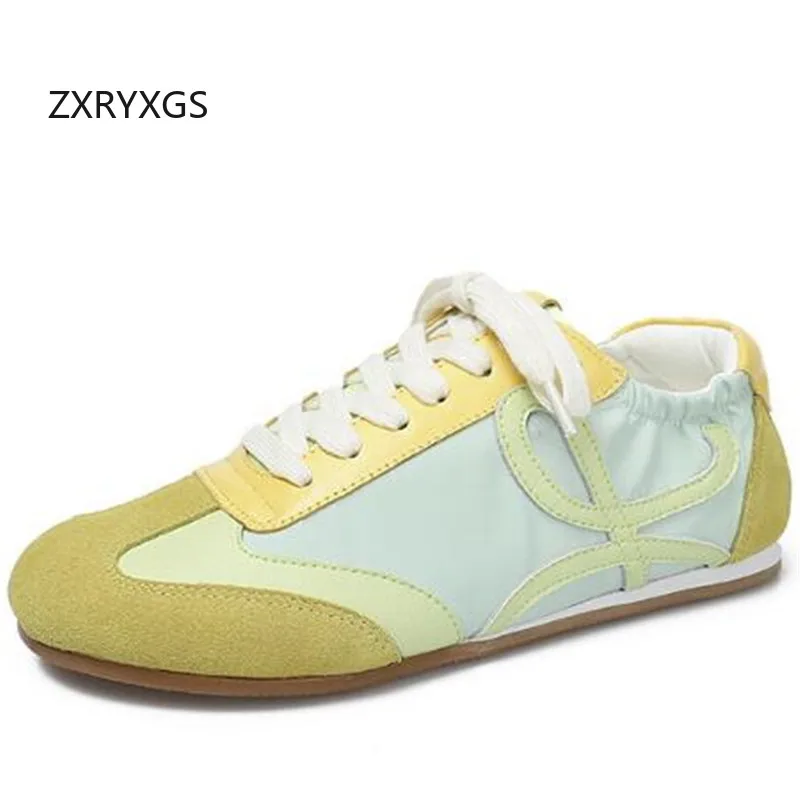 ZXRYXGS Genuine Leather Oxford Fabric Splicing Color Matching Women's Trendy Sneakers 2024 Cow Tendon Sole Flat Casual Snealers