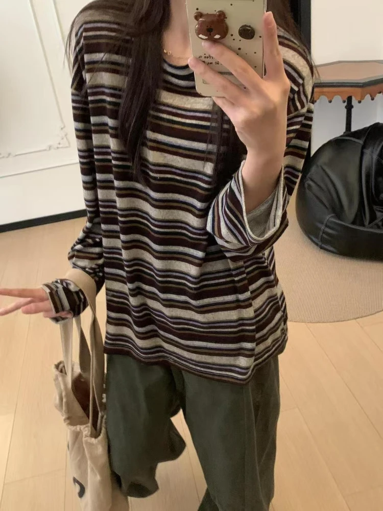 ​Campus Chic Striped Blouse Women Autumn Loose Fit Long Sleeve Top Korean Fashion Everyday Wear​